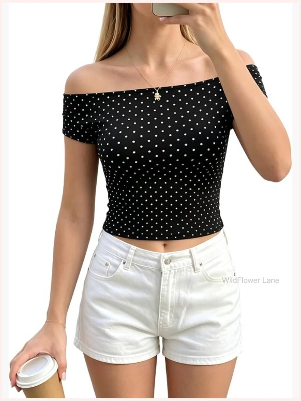 Off Shoulder Polka Dot Crop Top 2 Way Neckline Summer Y2K Going Out Tee